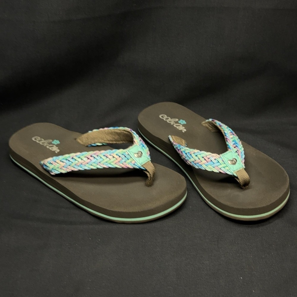 Cobian Sandals Girls Brown Multicolor Braided Flip Flops Heart Comfort Sole